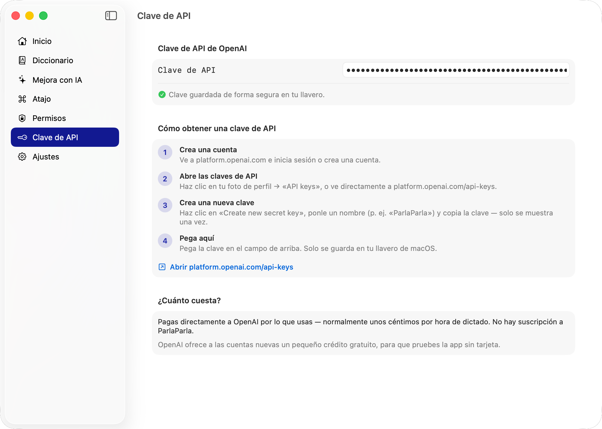 Tu clave API de OpenAI se almacena directamente en el llavero de macOS.