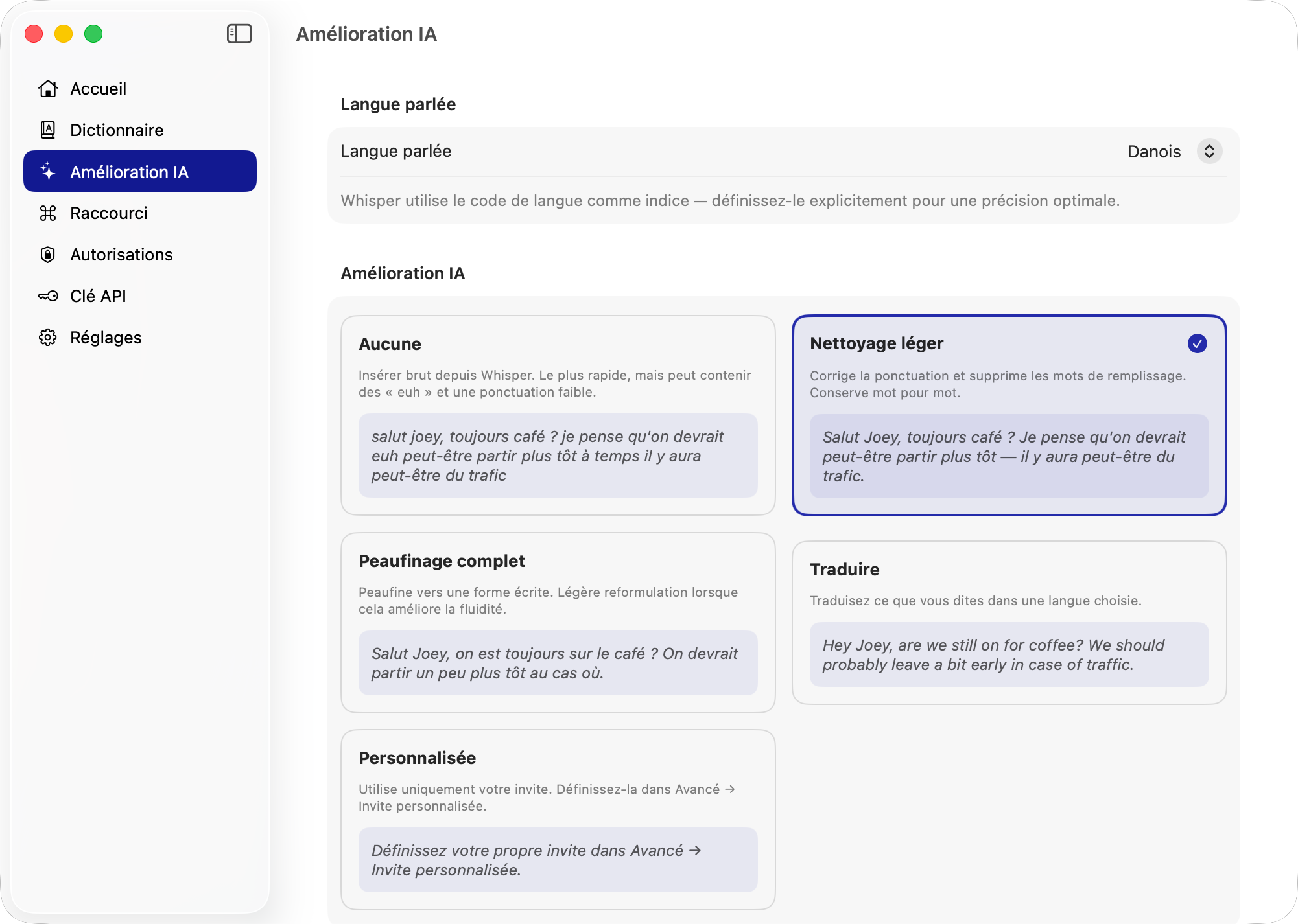 Choisissez votre niveau de traitement IA dans les Réglages — du brut au totalement réécrit, ou traduisez.