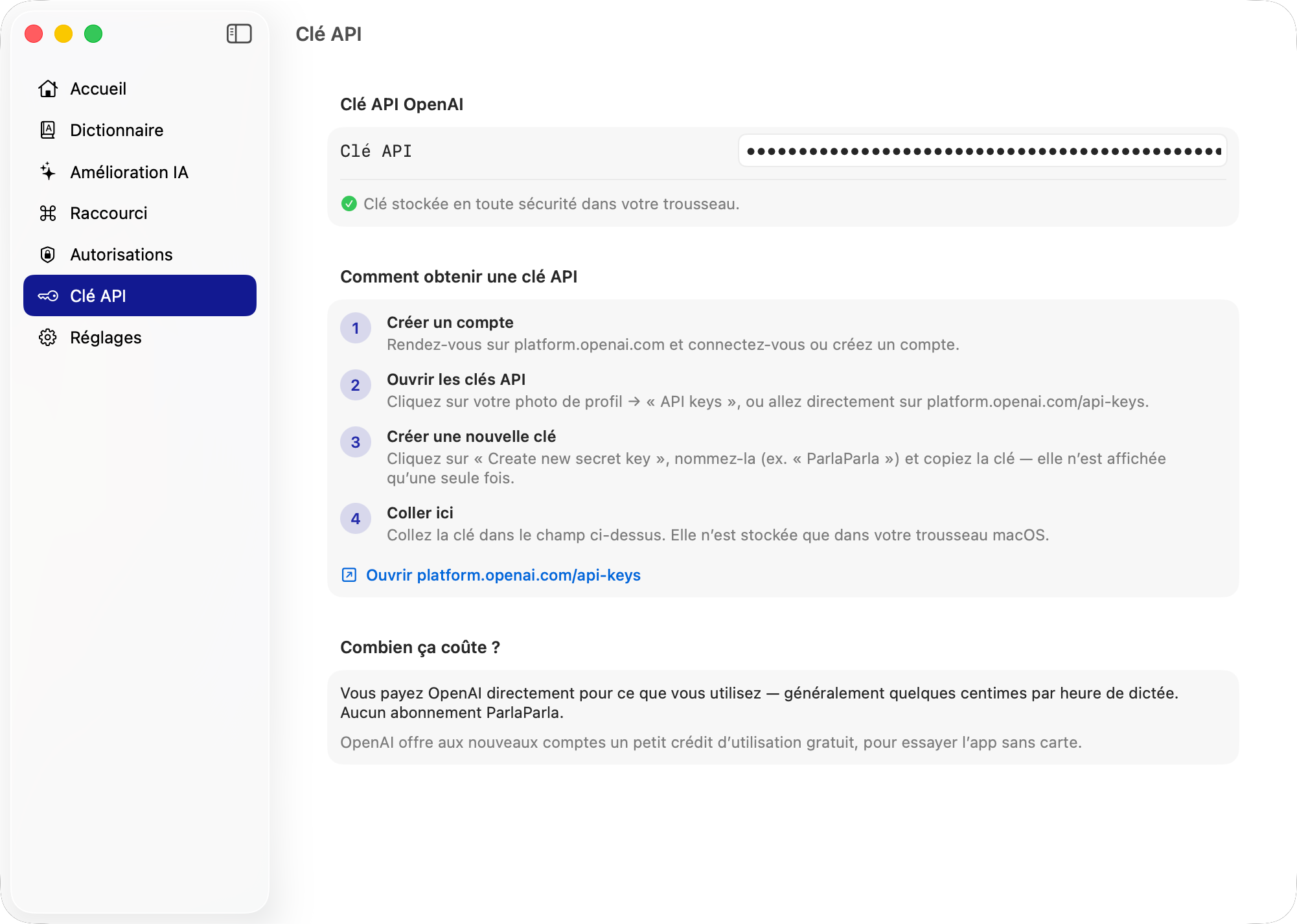 Votre clé API OpenAI est stockée directement dans le trousseau macOS.