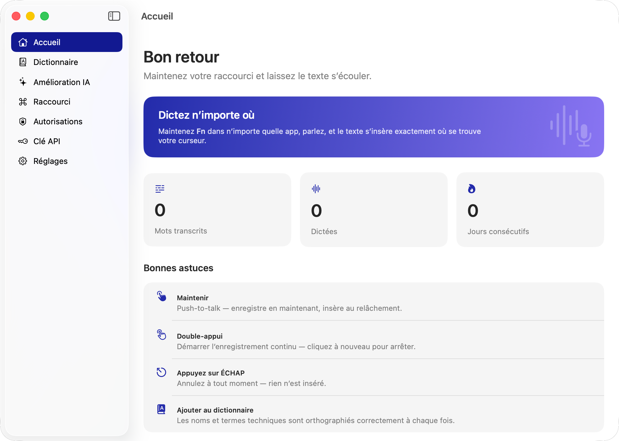 ParlaParla vit dans la barre de menus — maintenez Fn n'importe où pour dicter.