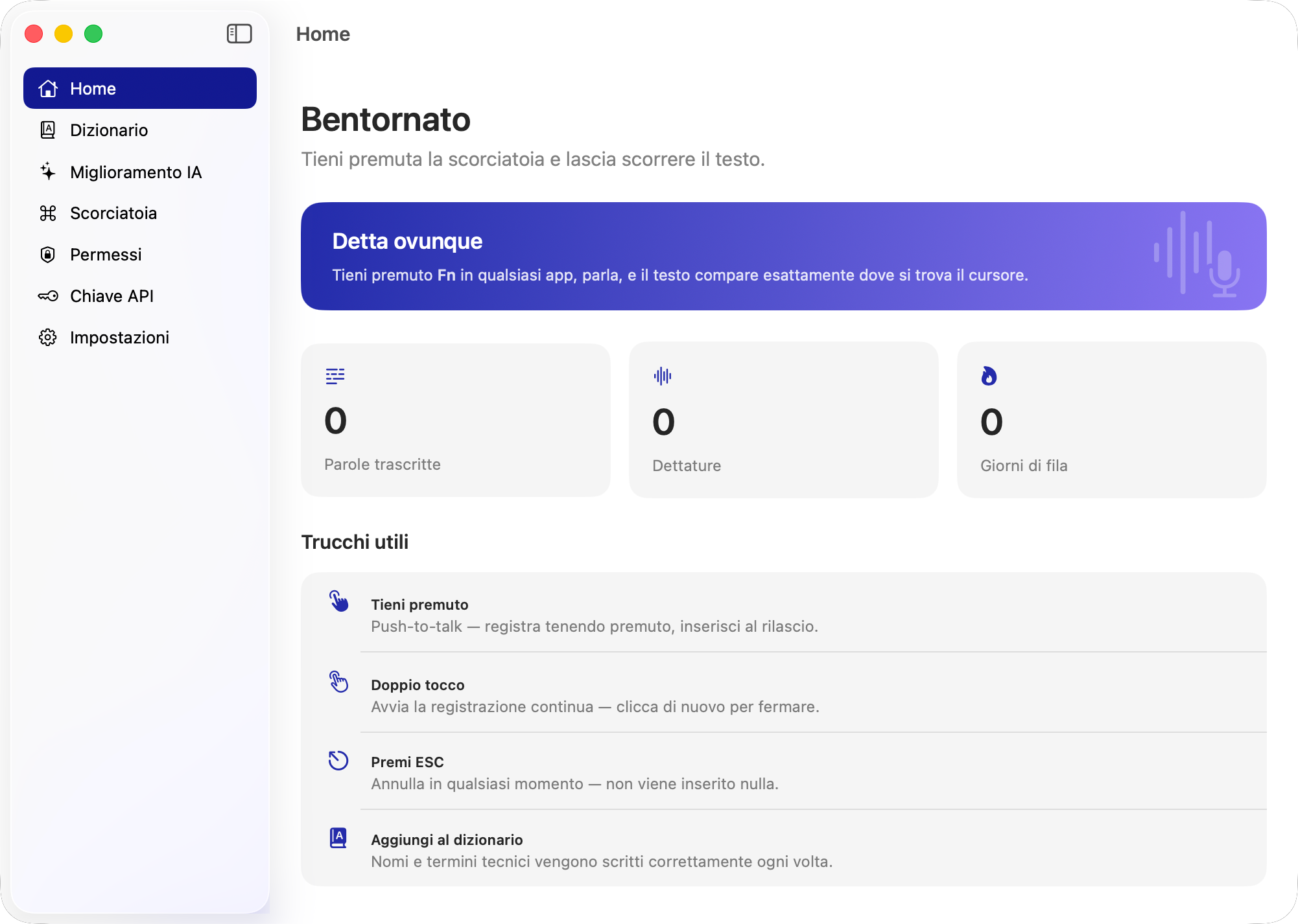 ParlaParla vive nella barra dei menu — tieni premuto Fn ovunque per dettare.