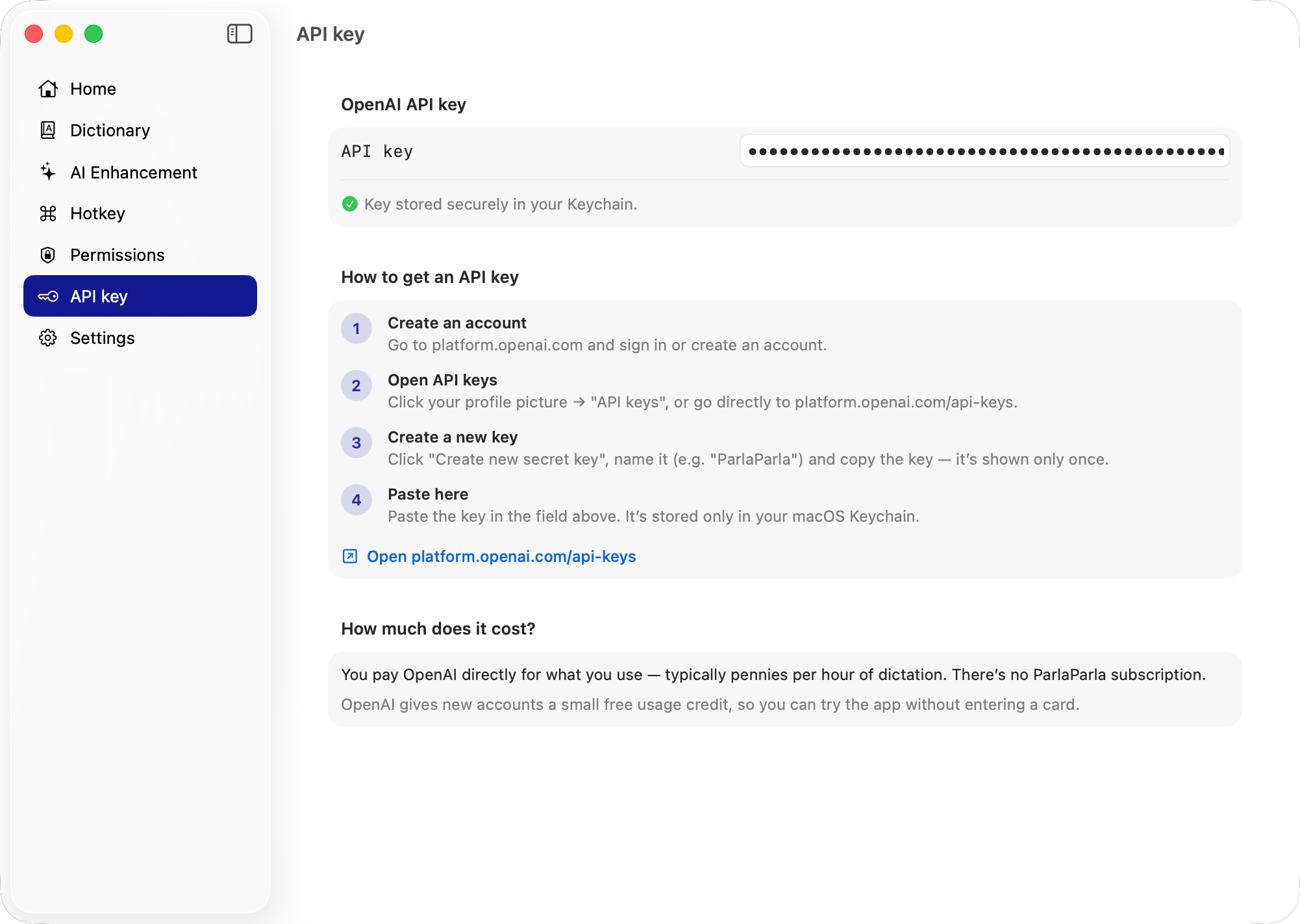 OpenAI API-nøkkelen din lagres direkte i macOS Nøkkelring.