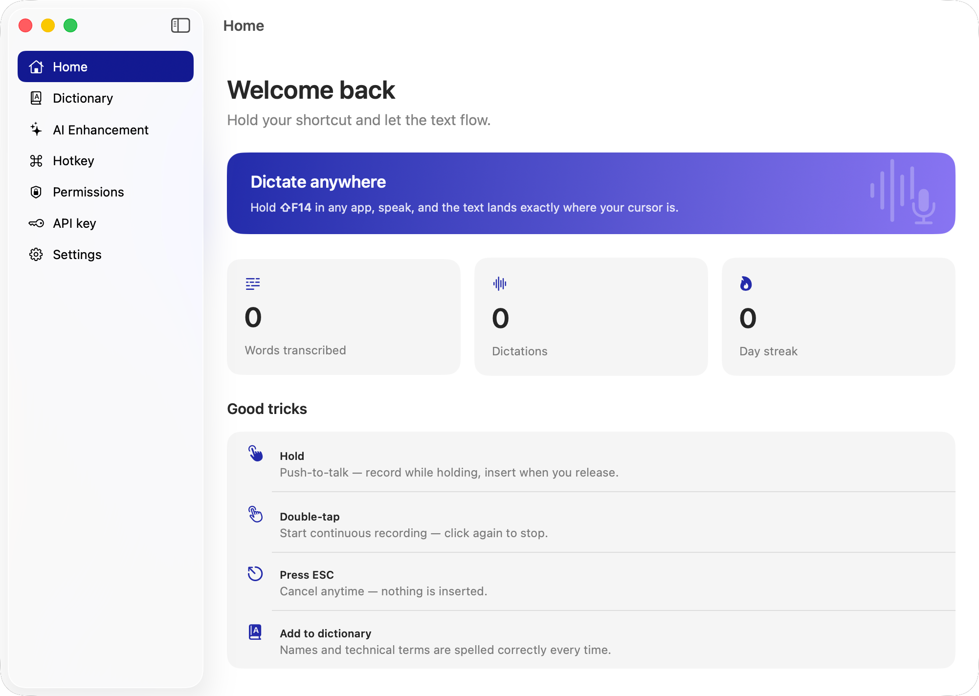 ParlaParla bor i menyraden — håll in Fn varsomhelst för att diktera.